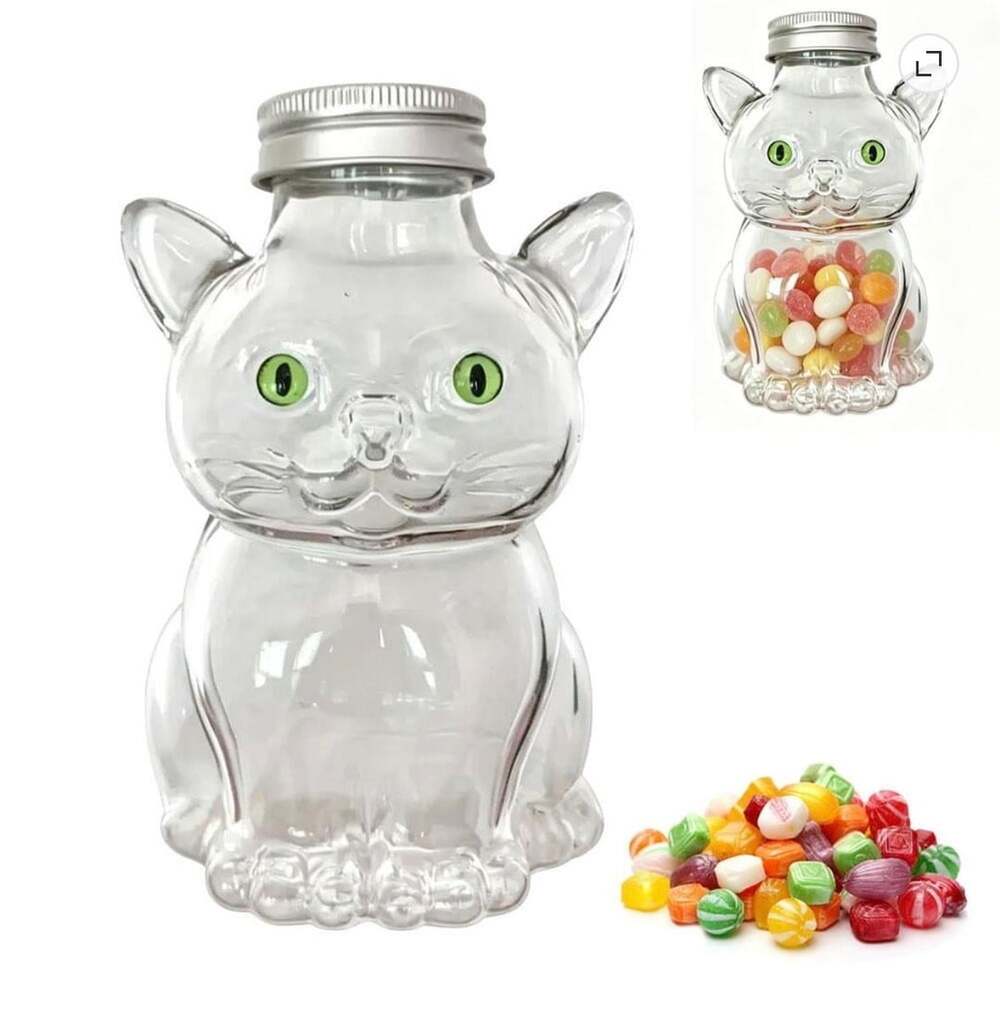 Cat Shaped Glass Bottle with Metal Lid Clear Candy Jar Cookie Container